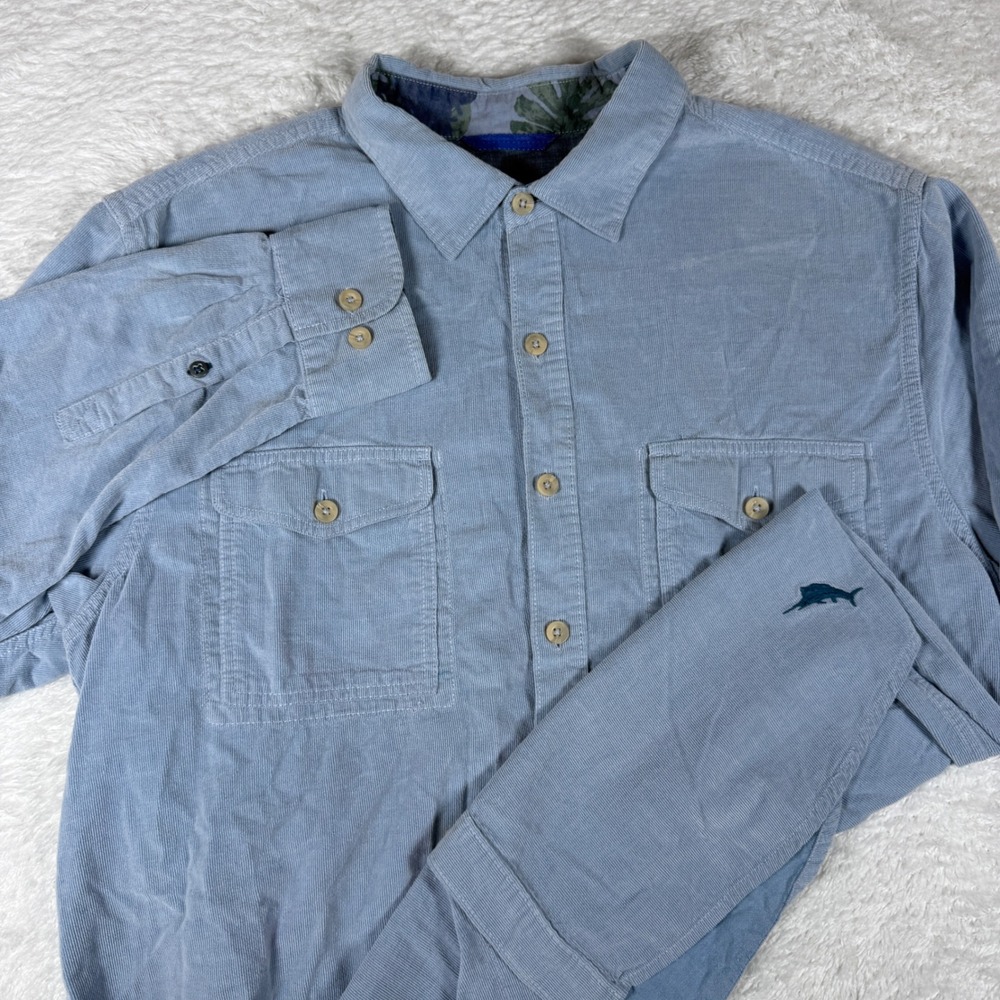 Tommy Bahama Corduroy Button Up Mens L/G Blue L/S Cotton Marlin Logo Pocket